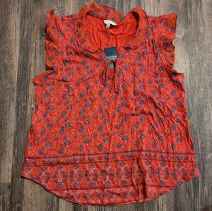 Lucky Brand L Ruffle Cap Sleeve Red Floral Light Top New With Tags